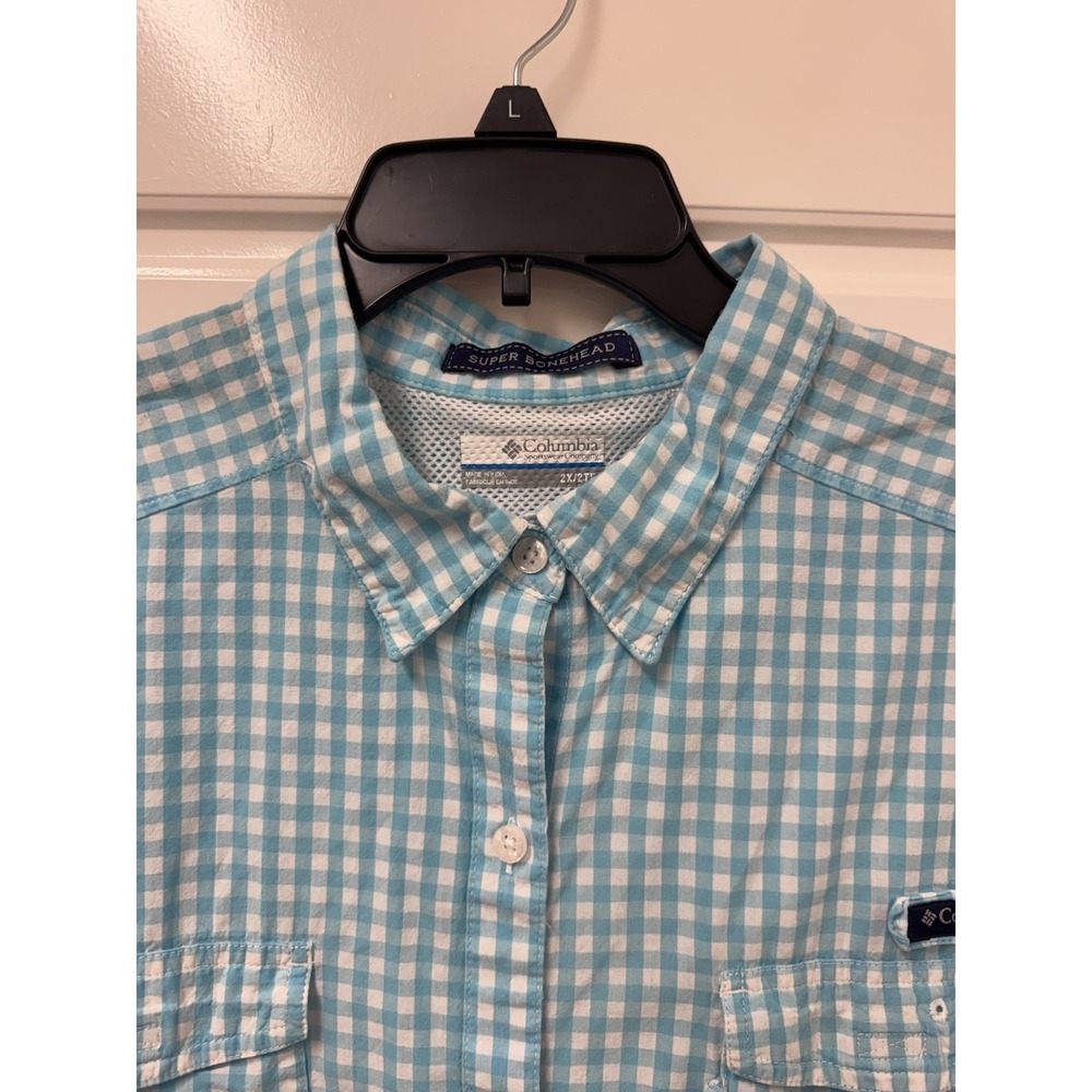 2X Columbia PFG Super Bonehead Womens Blue Gingham Shirt Fishing Vented Hike A10
